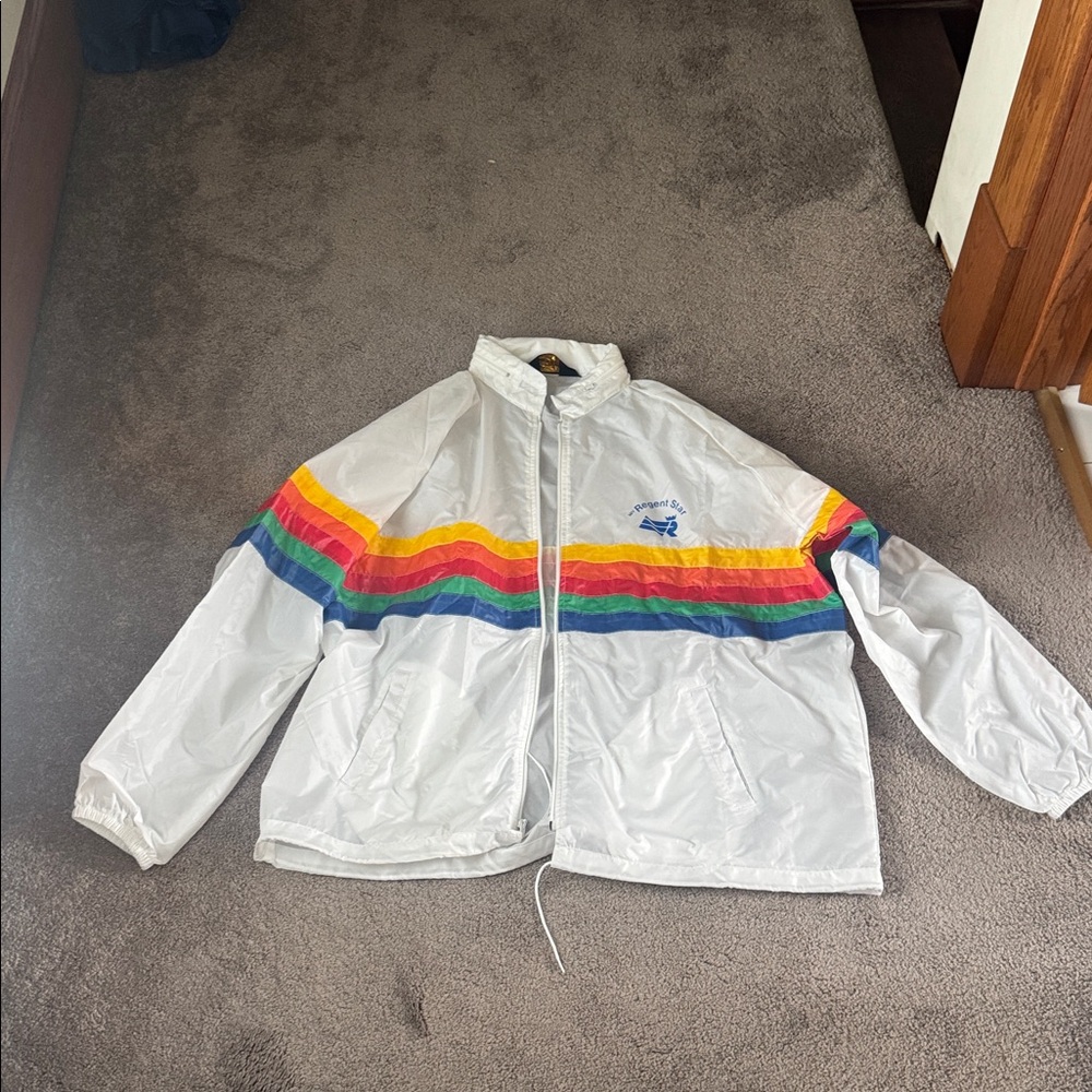 Sherry White Rainbow Stripe Water Repellent Full Zip Windbreaker SIZE XL